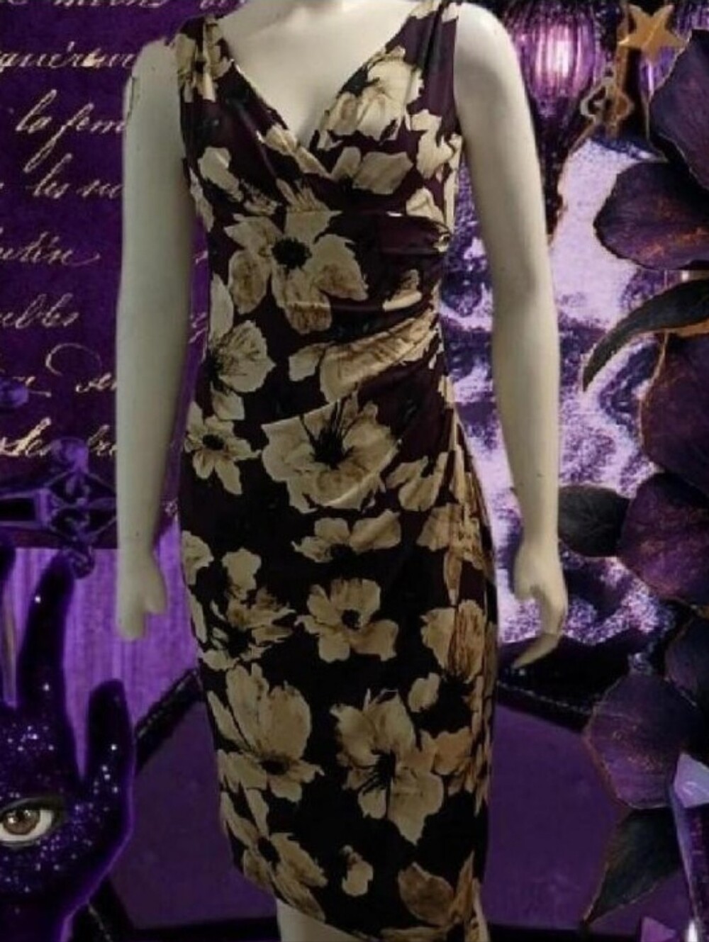 American Living Floral Sleeveless Ruched Faux Wrap Midi Dress Beige & Purple 4